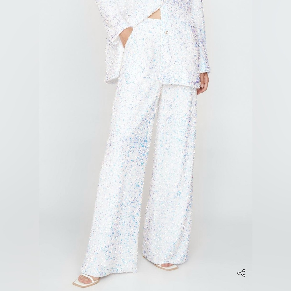 Nasty Gal Premium Sequin Wide Leg Pants - White - Size 4